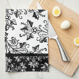 Black Damask on White with Revers Colour Border Kitchen Towel