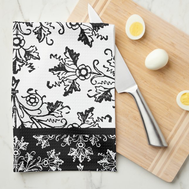 Black Damask on White with Revers Colour Border Kitchen Towel (Quarter Fold)