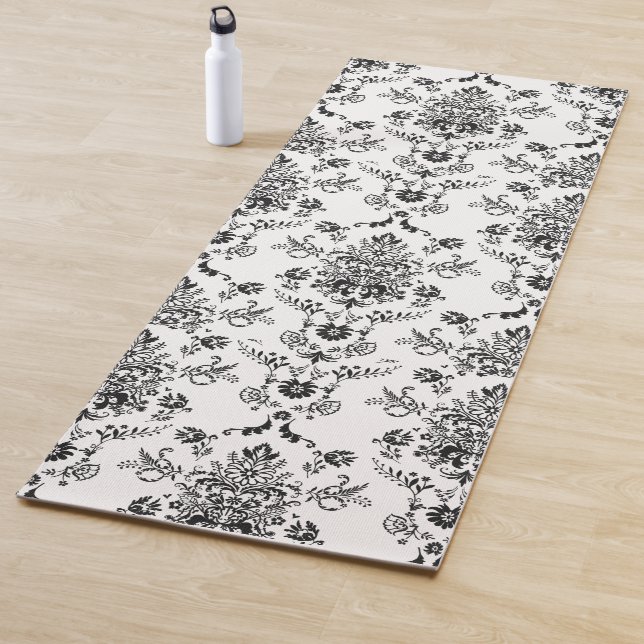 Black Damask on White Yoga Mat (In Situ)
