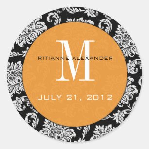 Black Damask Orange Monogram Wedding Sticker
