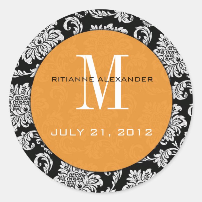Black Damask Orange Monogram Wedding Sticker (Front)