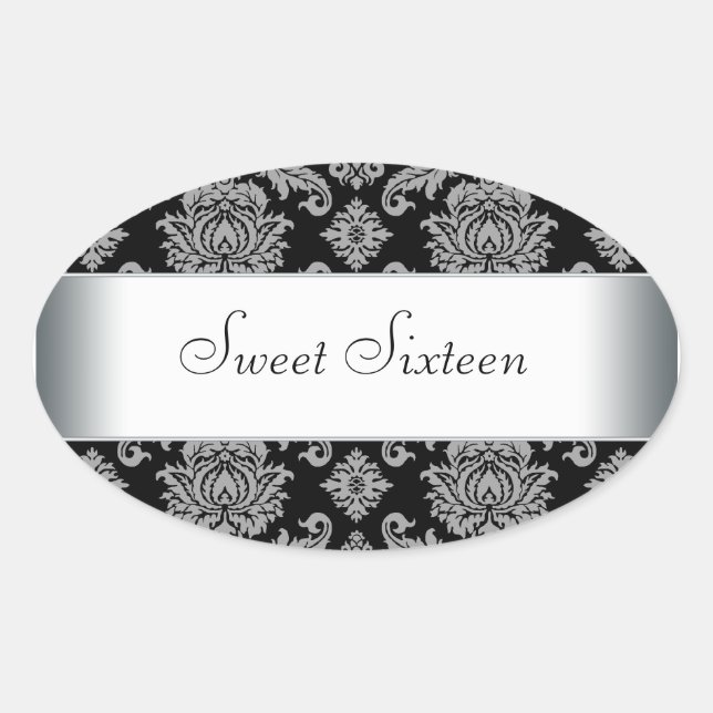 Black Damask Oval Envelope Seal Label (Front)