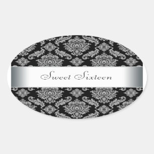 Black Damask Oval Envelope Seal Label