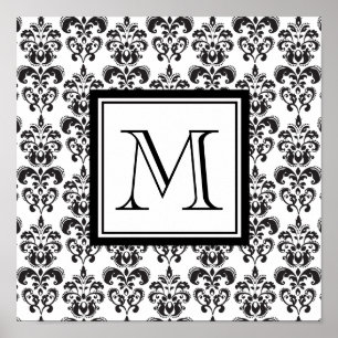 Black Damask Pattern 2 with Your Monogram Poster