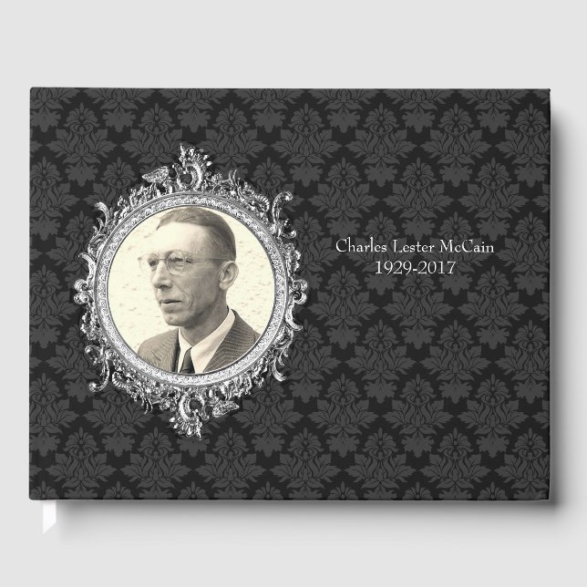 Black Damask Photo Funeral Guest Book (Front)
