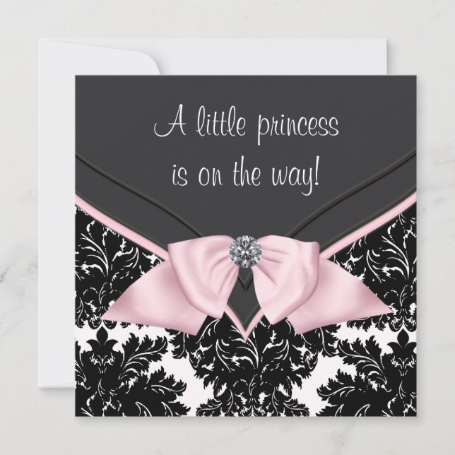 Black Damask Pink Bow Princess Baby Shower Invitation (Front)