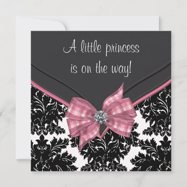 Black Damask Pink Bow Princess Baby Shower Invitation (Front)