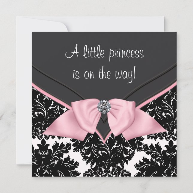 Black Damask Pink Bow Princess Baby Shower Invitation (Front)