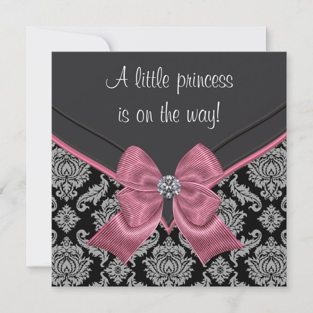 Black Damask Pink Bow Princess Baby Shower Invitation (Front)