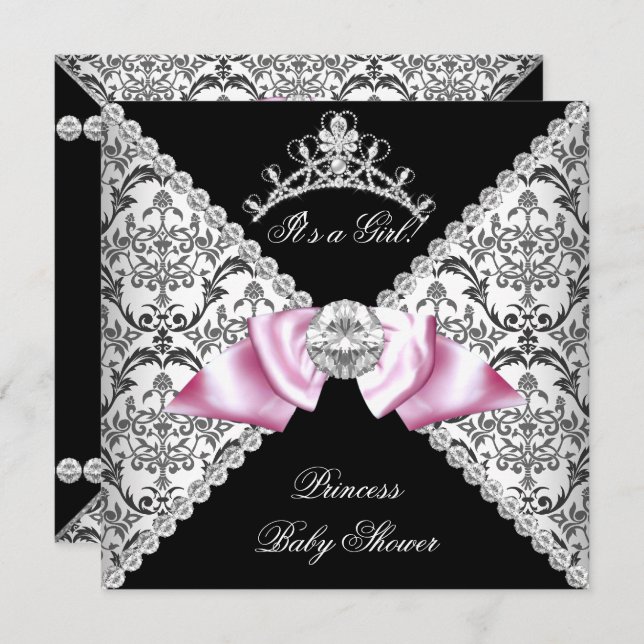 Black Damask Pink Bow Princess Baby Shower Pink Invitation (Front/Back)