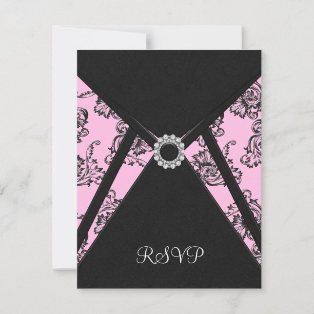 Black Damask Pink Elegant Black RSVP (Front)