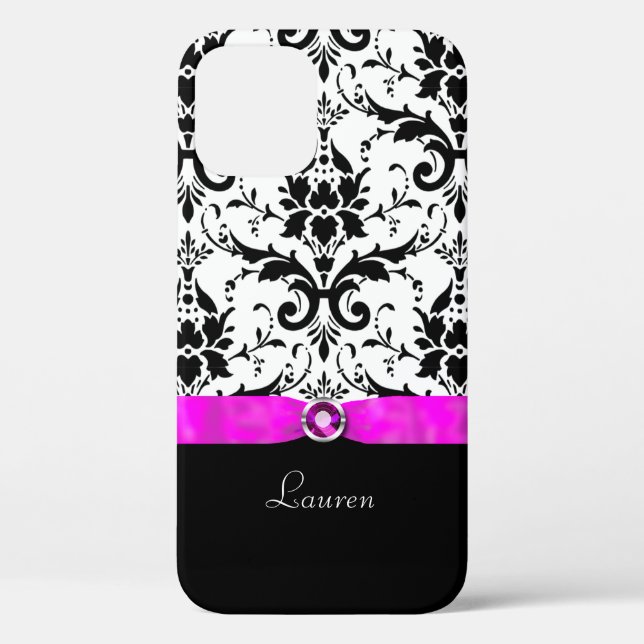 Black Damask Pink Jewel Personalized Case-Mate iPhone Case (Back)