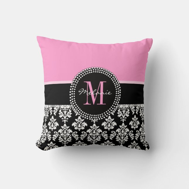 Black Damask Pink Monogram Personalized Pillow (Front)