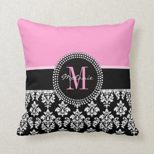 Black Damask Pink Monogram Personalized Pillow