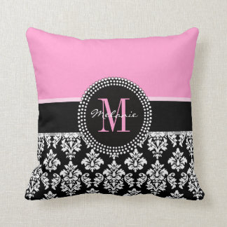 Black Damask Pink Monogram Personalized Pillow