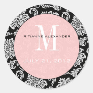 Black Damask Pink Monogram Wedding Sticker