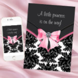 Black Damask Pink Princess Baby Shower Invitation<br><div class="desc">Elegant black and white damask with elegant pink diamond trim bow baby girl princess baby shower invitation. Add your details to the front and back of this cute pink and black damask baby shower invitation by adding your event details,  font style,  font size & colour,  and wording.</div>