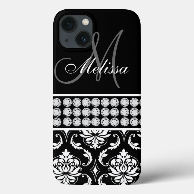Black Damask Printed Diamonds Personalized Case-Mate iPhone Case (Back)