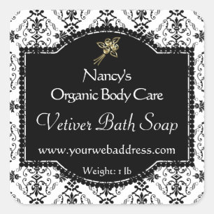 Black Damask product label with logo