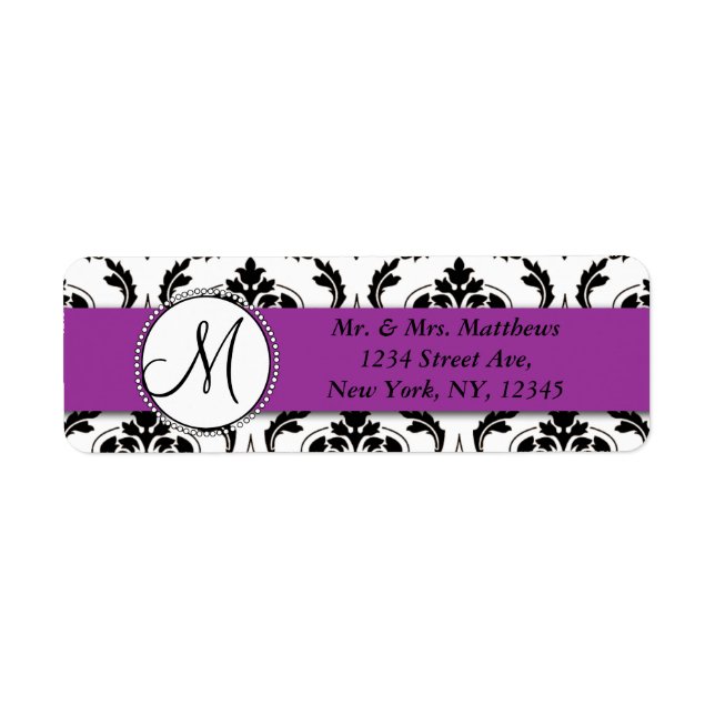 Black Damask Purple Monogram Return Address (Front)