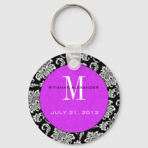 Black Damask Purple Monogram Wedding Keychain
