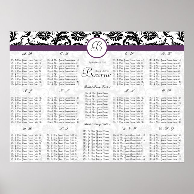 Black Damask Purple Trim Seating Chart (Front)