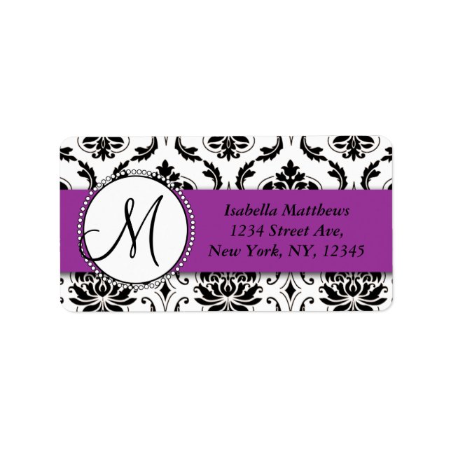 Black Damask Purple Wedding RSVP Return Address Label (Front)