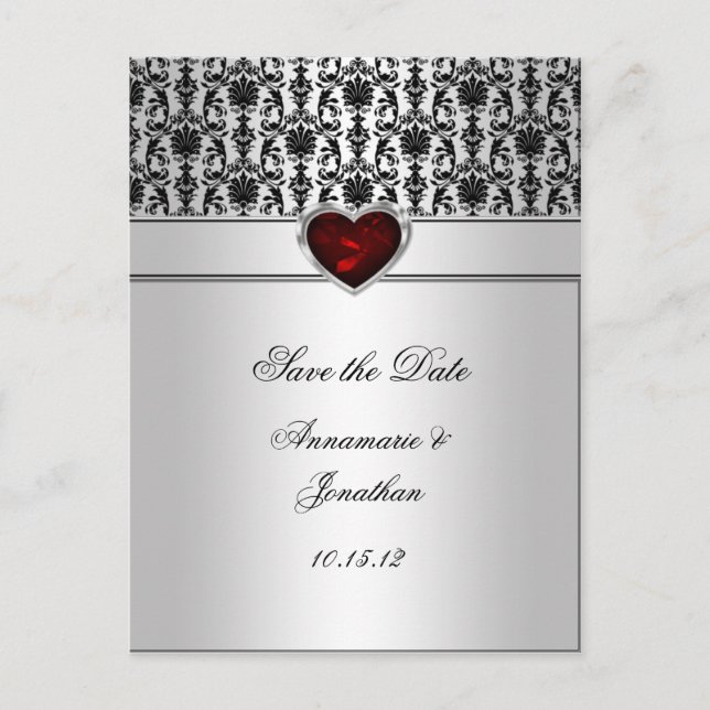 Black Damask Red Jewel Heart Silver Save The Da Announcement Postcard (Front)