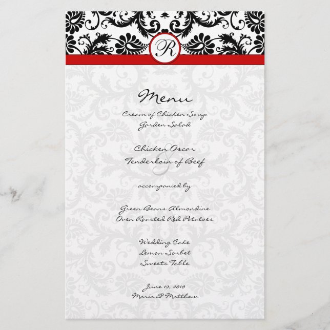 Black Damask Red Trim Wedding Menu (Front)