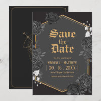 Black damask rose Save The Date wedding