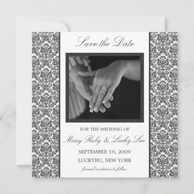 Black Damask Save the Date Announcement (Front)