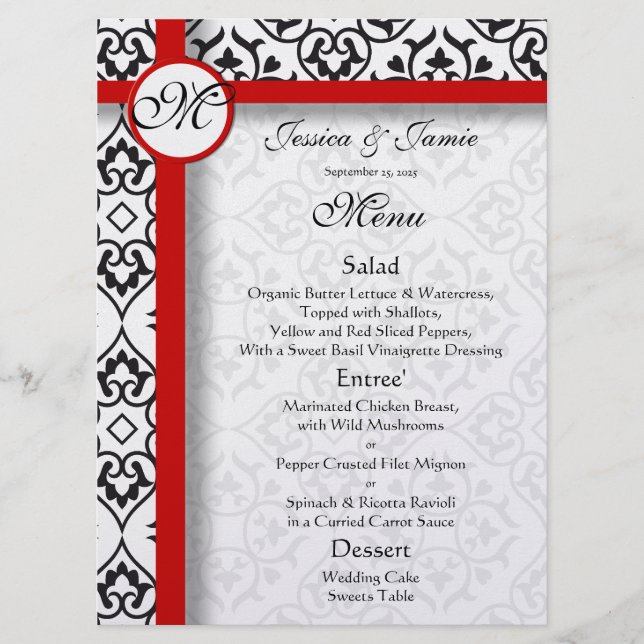 Black Damask Side Borders Red Trim Wedding Menu (Front)