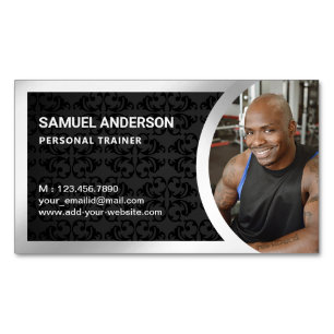 Black Damask Silver Fitness Personal Trainer Photo Magnetic Business Card