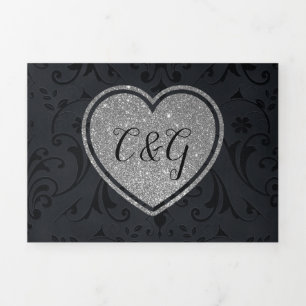 Black Damask Silver Heart All in One Wedding  Tri-Fold Invitation