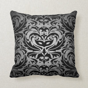 Black Damask Silver Scroll Reversible Pillow