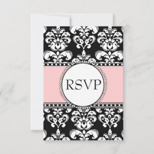 Black Damask Soft Pink RSVP for Square Invitations