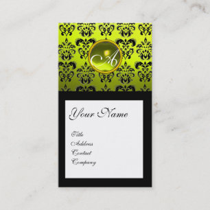 BLACK DAMASK SQUARE YELLOW GEMSTONE MONOGRAM BUSINESS CARD