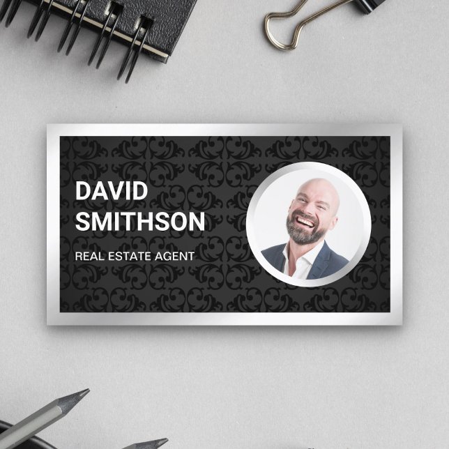 Black Damask Steel Silver Photo Real Estate Agent Business Card (Creator Uploaded)