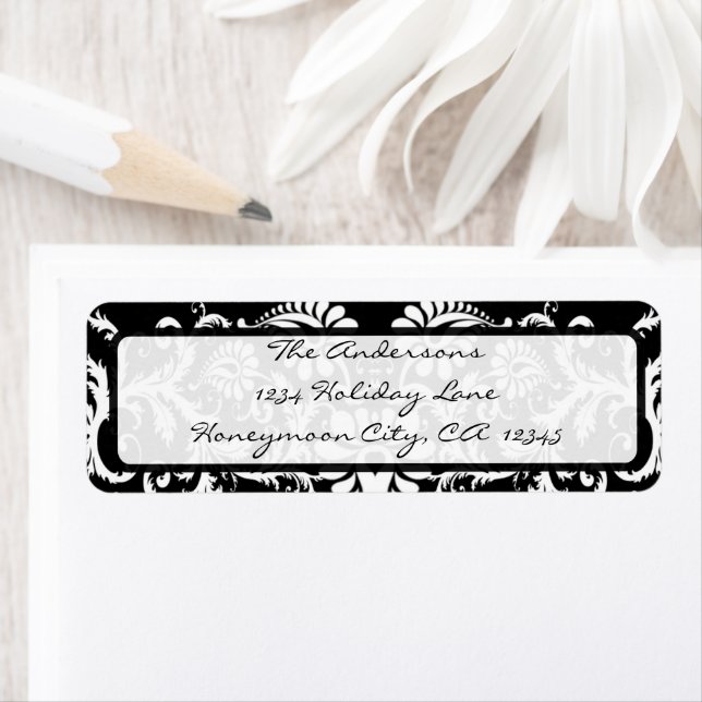 Black Damask Swirl Retrun Address Label (Insitu)