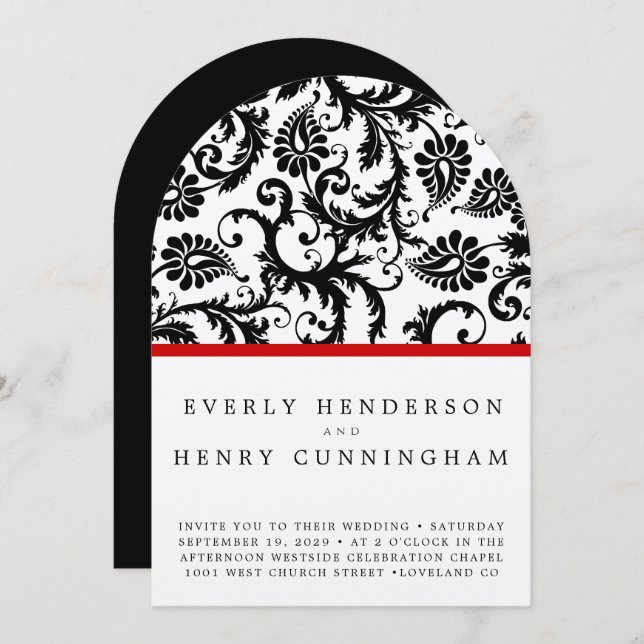 Black Damask Swirls on White with Red Trim Invitation (Front/Back)