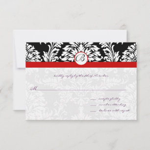 Black Damask Swirls Red Trim Wedding RSVP