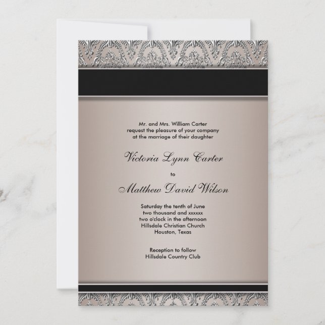 Black Damask Taupe Wedding invitations (Front)