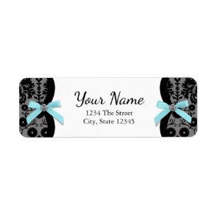 Black Damask Teal Blue Bow Return Address Labels