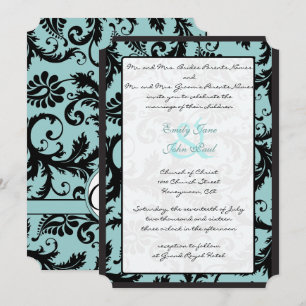 Black Damask Teal Blue Wedding Invitation