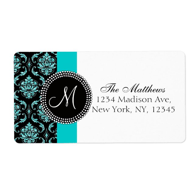 Black Damask Teal Glitter Printed Monogram (Front)