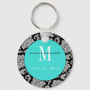 Black Damask Teal Monogram Wedding Keychain