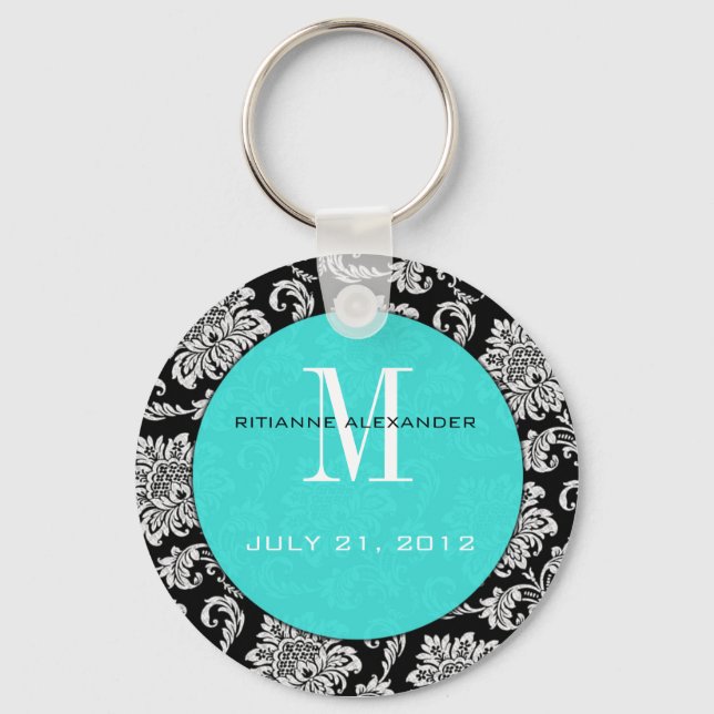 Black Damask Teal Monogram Wedding Keychain (Front)