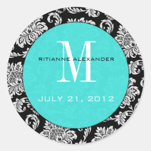 Black Damask Teal Monogram Wedding Sticker