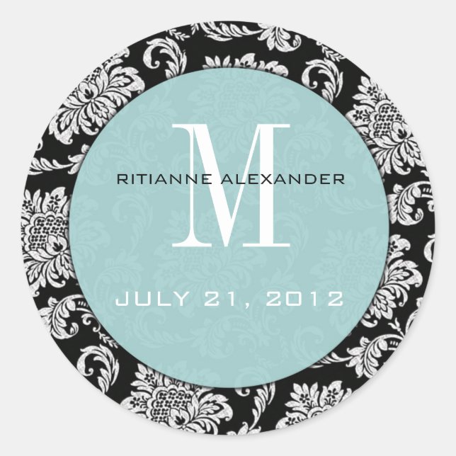 Black Damask Tiffany Monogram Wedding Sticker (Front)