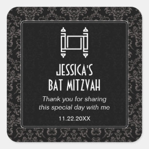 Black Damask Torah Bat Mitzvah Square Sticker
